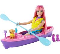 Barbie ¡Vamos de Camping! Daisy en el Campamento Muñeca con Pelo Rosa, Kayak y Accesorios de Juguete (Mattel HDF75)