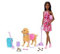 Barbie “Walk & Potty” Conjunto con Cachorro de Juguete. Incluye un Perrito de Juguete Que Camina y Hace Sus Necesidades, una muñeca Brooklyn”, Pala para Recogida y Accesorios, JJB47