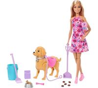 Barbie “Walk & Potty” Conjunto con Cachorro de Juguete. Incluye un Perrito de Juguete Que Camina y Hace Sus Necesidades, una muñeca Malibu”, Pala para Recogida y Accesorios, JJB46