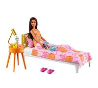 Barbien casa Muñeca Morena con Set de Juguete de habitación, con Cama y Accesorios (Mattel GRG86)