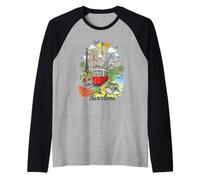 Barcelona Ciudad España Iconos Colorido Paisaje Urbano Arte Recuerdo Camiseta Manga Raglan