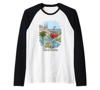 Barcelona Ciudad España Sagrada Familia Cable Car Art Souvenir Camiseta Manga Raglan