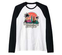 Barcelona España Escapar Puesta del Sol Paisaje Urbano Palmeras Camiseta Manga Raglan