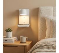 BARCELONA LED Aplique de pared blanco con LED, USB y estante, luz cálida 2700K, lámpara de lectura orientable 350°, estilo moderno y nórdico, ideal para dormitorio, oficina, salón o cabecero