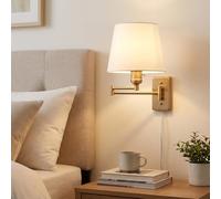 BARCELONA LED Aplique de Pared con Brazo Articulado y Enchufe E27, Pantalla de Tela Blanca, Cuerpo Dorado/Oro, Lámpara de Lectura Orientable para Dormitorio, Salón y Cabecero