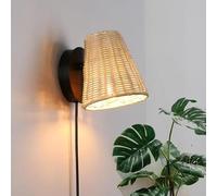 BARCELONA LED Aplique de Pared de Mimbre "BLIND" con Base Metálica Negra, Pantalla Rotatoria 350°, Cable y Enchufe, Luz E27 para Dormitorio, Baño, Cocina, Sala y Pasillo, Diseño Moderno