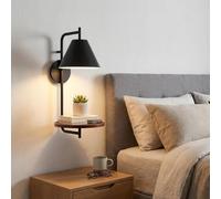 BARCELONA LED Aplique de Pared Interior Bilon E27 con Estante Integrado de Madera, Lámpara de Pared Moderna Negro Mate para Dormitorio, Cabecero de Cama, Salón y Hotel, Bombilla No Incluida