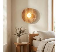 BARCELONA LED Aplique de Pared Madera Redondo Ø28cm con Globo de Cristal Blanco G9, Lámpara de Pared Estilo Nórdico Japandi Vintage Industrial, Ideal Dormitorio Salón Oficina Escalera Restaurante Café