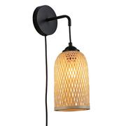 BARCELONA LED Aplique de Pared Mimbre y Ratán “Frida” E27 con Enchufe e Interruptor 136cm, Pantalla Trenzada Natural Estilo Japandi, Isla, Vintage Industrial Lámpara Restaurante Dormitorio Escalera