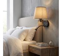 BARCELONA LED Aplique De Pared PAIR E27 Con Foco De Lectura 3W Lino | Pantalla textil en tono natural y base negra, dos interruptores independientes, cabezal orientable 3000K, Ø220 x 450 mm, IP20