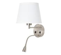 BARCELONA LED Aplique de Pared PAIR E27 con Foco LED de Lectura 3W 3000K. Lámpara de Cabecero. Pantalla de Tela Blanca, base Metálica Plata e Interruptor Luz Cálida para Dormitorio Cabecero Cama Salón