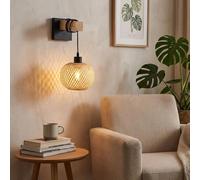BARCELONA LED Aplique De Pared Shelley E27 Madera Y Mimbre | Metal Negro, 350 X 200 X 120 Mm, Interior IP20, estilo rústico, hasta 60 W