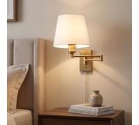 BARCELONA LED Aplique de Parede com Braço Articulado e Ficha E27, Abajur em Tecido Branco, Estrutura Dourada, Candeeiro de Leitura Orientável para Quarto, Sala e Cabeceira