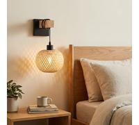 BARCELONA LED Aplique de Parede em Mimbre e Madeira Natural com Base em Metal Preto, Estilo Clássico Vintage Moderno e Luxuoso, Luz E27 Interior Minimalista para