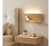 BARCELONA LED Aplique de parede Kerta em alumínio com efeito madeira, pequeno e elegante, dupla iluminação 3W+7W com porta USB, design moderno, clássico e luxuoso para cabeceiras