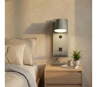 BARCELONA LED aplique de parede LED cinzento com prateleira, USB e USB-C, luz de leitura 6W 2700K, ajustável 350°, Type A + Type C, para quarto, escritório, sala de jantar e café