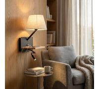 BARCELONA LED Aplique de Parede LED Leitura com USB e USB-C, Luz Quente 2700K, Abajur Tecido Bege, Braço Flexível 3W Ajustável, Prateleira Madeira, Preto, Luminária Cabeceira Quarto Hotel