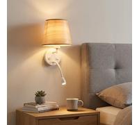 BARCELONA LED Aplique de Parede para Leitura MAR em Branco e Madeira, Flexo LED 3W 2400K e Soquete E27, Luminária de Cabeceira Estilo Nórdico, Duplo Interruptor Independente, Luz Quente