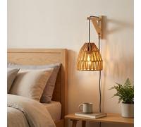 BARCELONA LED Aplique de Parede Pequeno em Madeira com Abajur de Papel Trançado Amarelo Estilo Clássico Moderno Vintage Luxo com Cabo Preto e Interruptor E27 Interior