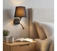 BARCELONA LED Aplique de Parede Preto com Abajur em Tecido e Luz de Leitura LED Flexível 3W Dupla Iluminação Duplo Interruptor Estilo Moderno Vintage Industrial Quarto Sala Banheiro Interior