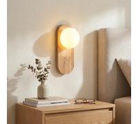 BARCELONA LED Aplique de Parede SOMA com Globo em Vidro Opalino e Madeira Natural | Candeeiro de Parede E27 com Interruptor | Design Escandinavo Minimalista para Quarto, Sala e Corredor