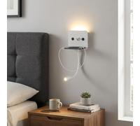 BARCELONA LED Aplique Pared LED Blanco Cabecero Cama con USB y USB-C, Lámpara Lectura Flexo Orientable 3W + Luz Ambiente 6W 3000K, Estante Integrado, Doble Interruptor, Estilo Nórdico Minimalista