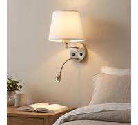 BARCELONA LED Aplique Pared LED Lectura Flexible Doble Luz Níquel con Pantalla Blanca Tela E27 + Foco 3W Orientable, Estilo Moderno Vintage Industrial, Lámpara Dormitorio Cabecero Baño Salón