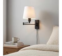 BARCELONA LED Arandela de Parede Interior com Braço Articulado Clark com Tomada - Luminária de Leitura E27 com Abajur de Tecido, Estilo Moderno Vintage para Quarto, Cabeceira e Escritório