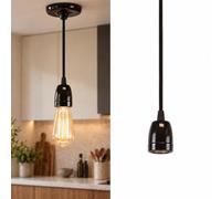 BARCELONA LED Candeeiro Suspenso Cerâmica E27 Preto 1090x100mm | Cabo Têxtil 1 m, Florão E Casquilho, Altura Ajustável, Para Cozinha Sala De Jantar Bar Quarto E Sala