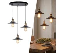 BARCELONA LED Candeeiro Suspenso Triplo CLOCK WORK, Candeeiro de Teto Industrial Vintage com 3 Casquilhos E27, Metal Preto Mate e Casquilhos Dourados, Altura Regulável, para Sala de Jantar
