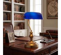 BARCELONA LED Lâmpada de Mesa Banqueiro Vintage E27 com Abajur de Vidro Azul Ajustável, Base Metálica em Latão Dourado, Estilo Retro Nórdico Moderno para Escritório Quarto Sala Hotel