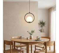 BARCELONA LED Lámpara colgante "Kate" con aro negro circular y esfera de cristal opalino blanca, florón redondo, cable negro regulable, gran iluminación difusa, estilo moderno, clásico, lujoso y retro