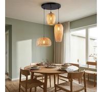 BARCELONA LED Lámpara Colgante Triple de Mimbre y Bambú Natural Base Metálica Negra, Estilo Nórdico y Japonés, 3xE27, Iluminación Cálida para Salón, Comedor o Restaurante