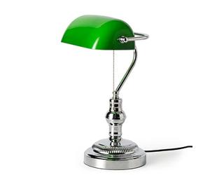 BARCELONA LED Lámpara De Mesa Banquero E27 Cromo Verde Vintage | 260x390 mm, Metal Y Cristal, Pantalla Orientable, Interruptor De Cadena, Para Escritorio Biblioteca Oficina