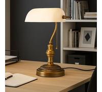 BARCELONA LED Lámpara de Mesa Vintage BANQUERO E27 - Lámpara de Escritorio Retro con Pantalla de Vidrio Blanca, Base Metálica Latón/Cromo/Níquel, Ideal para Oficina, Despacho, Salón y Restaurante
