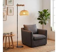 BARCELONA LED Lámpara De Pie Grande De Bambú Y Mimbre Estilo Natural Isla Boho Con Base Negra Metálica Pantalla Artesanal Lámpara Alta Decorativa Rústica Moderna E27 Para Interior Salón