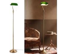 BARCELONA LED Lámpara de Pie Vintage Banquero con Pantalla Orientable Verde y Base de Latón Envejecido, casquillo E27. Estilo Retro. Lámpara de pie de lectura para oficina, Despacho