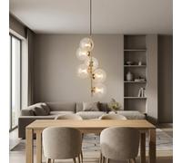 BARCELONA LED Luminária Pendente ROMEE 6xG9 Metal Dourado/Cobre com Globos de Vidro Âmbar, Cabo Preto, Estilo Japandi Nórdico Minimalista, Lâmpada de Teto para Sala Jantar Quarto Cozinha