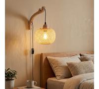 BARCELONA LED Phuket Aplique De Pared Artesanal E27 Con Cable Y Enchufe | Madera natural, mimbre tejido, estilo boho, dormitorio o salón, interruptor integrado, montaje sencillo