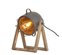 BarcelonaLED Lámpara de Mesa Vintage Diseño Industrial Gris con Proyector Orientable Pantalla Jaula Metalica Casquillo E27 y Base de Madera para Escritorio Salón Habitación Mesilla de Noche 28cm