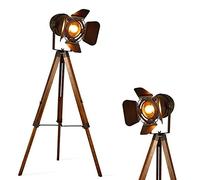 BarcelonaLED Lámpara de Pie Trípode Madera con Foco Proyector Negro Cable Tela Roja Vintage Retro Industrial Náutica Cinema para Salón Estudio E27