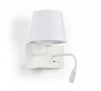 BARCELONBARCELONA LED Aplique de Parede com Porta USB e Prateleira, Candeeiro de Leitura para Cabeceira com Casquilho E27, Luz LED Orientável 3W 2700K, Abajur em Tecido para Quarto, Branco