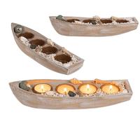 Barco de Madera para 4 Velas de té, con decoración de Conchas y Piedras, Aprox. 28,5 x 7,5 x 6 cm, Color Beige