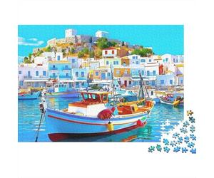 Barco de Pesca Isla Griega Puzzle de 1000 Piezas Papel Puzzle para Adultos Paisaje Mediterráneo Relajación Decoración Hogar Regalo 52x38cm/1000pcs
