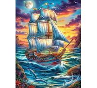 Barco de Vela en el océano mágico Puzzles 300 Piezas Aliviar Estrés Familiar Paisaje de Cuento de Hadas en Caricatura Rompecabezas para Adultos Desafío Intelectual 3D DIY Creativo Decorativo 300 PCS