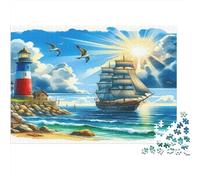 Barco de Vela Faro Costero Puzzle de 1000 Piezas Papel para Adultos Vista del Mar al Amanecer Juego de Puzzle 1000 Piezas Relajación Decoración Regalo 38x26cm/1000pcs