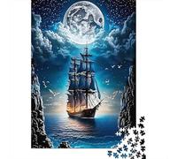 Barco de Vela Luna Llena Puzzle de 1000 Piezas para Adultos Papel Juego de Puzzle Escena Nocturna Familia Relajación 52x38cm/1000pcs
