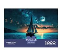 Barco de Vela Noche Paisaje Marino Puzzle de 1000 Piezas Juego de Puzzle 1000 Piezas Papel para Adultos Luz de Luna Relajante Concentración Familia Regalo Decoración Hogar 70x50cm/1000pcs