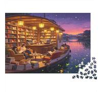 Barco Librería Puzzle de 1000 Piezas Papel para Adultos Escena al Atardecer Junto al Río Puzzle para Toda la Familia Relajación Decoración Regalo 38x26cm/1000pcs