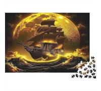 Barco Luna Dorada Rompecabezas de 1000 Piezas para Adultos Barco Dorado Navegando bajo Mar de Luna Llena Robusto Vibrante Desafiante Alivio de Estrés Regalo Familiar 70x50cm/1000pzs